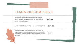 Schedule of Cost for the Implementation of Universal
Access to Quality Tertiary Education Act (UAQTEA) PQF
Level V Diploma Program
007-2023
ADDENDUM TO TESDA CIRCULAR NO. 006, SERIES OF 2023 006-A-2023
AMENDMENT TO TESDA CIRCULAR NO. 015, SERIES OF
2022: IMPLEMENTING GUIDELINES ON THE PAYMENT OF
HONORARIA FOR THE INDEPENDENT REVIEW PANEL (IRP)
MEMBERS
006-2023
TESDA CIRCULAR 2023
 