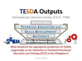 HILARIO P. MARTINEZ 1
TECHNICAL EDUCATION and
SKILLS DEVELOPMENT
AUTHORITY
R.A. 7796, the Technical Education
and Skills Development Act of 1994
Ѵ
 