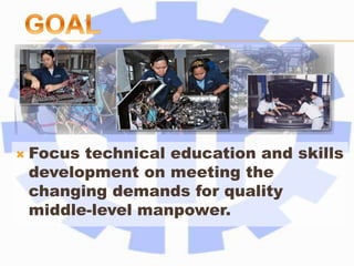  Focus technical education and skills
development on meeting the
changing demands for quality
middle-level manpower.