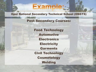 Opol National Secondary Technical School (ONSTS)
Post Secondary Courses:
Food Technology
Automotive
Electronics
Electricity
Garments
Civil Technology
Cosmetology
Welding
