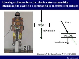 Carpes  et al.   Rev Bras Biomec  7(13):55-61, 2006 Estudos prévios Abordagem biomecânica da relação entre a cinemática, intensidade do exercício e dominância de membros em ciclistas PEDAL força movimento PEDAL força movimento 