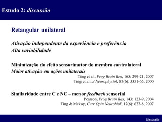 Retangular unilateral Ativação independente da experiência e preferência Alta variabilidade Minimização do efeito sensorimotor do membro contralateral  Maior ativação em ações unilaterais   Ting et al.,  Prog Brain Res , 165: 299-21, 2007 Ting et al.,  J Neurophysiol , 83(6): 3351-65, 2000 Similaridade entre C e NC – menor  feedback  sensorial Pearson,  Prog Brain Res , 143: 123-9, 2004 Ting & Mckay,  Curr Opin Neurobiol , 17(6): 622-8, 2007 Estudo 2:  discussão Discussão 