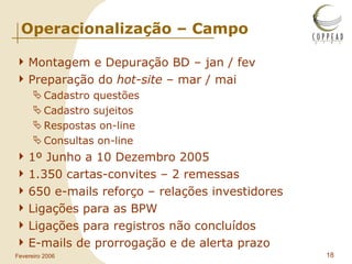 Operacionalização – Campo Montagem e Depuração BD – jan / fev Preparação do  hot-site  – mar / mai Cadastro questões Cadastro sujeitos Respostas on-line Consultas on-line 1º Junho a 10 Dezembro 2005 1.350 cartas-convites – 2 remessas 650 e-mails reforço – relações investidores Ligações para as BPW Ligações para registros não concluídos E-mails de prorrogação e de alerta prazo 
