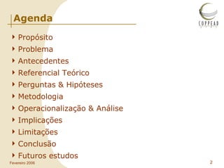 Agenda Propósito Problema Antecedentes Referencial Teórico Perguntas & Hipóteses Metodologia Operacionalização & Análise Implicações Limitações Conclusão Futuros estudos 