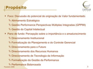 Propósito Foco: Discussão do potencial de originação de Valor fundamentado Alinhamento Estratégico Gestão Performance Perspectivas Múltiplas Integradas (GPPMI)  Gestão do Capital Intelectual Pano de fundo: Percepção sobre a importância e o amadurecimento Direcionamento Institucional Formalização do Planejamento e do Controle Gerencial Direcionamento para o Futuro Direcionamento dos Recursos Humanos Direcionamento de Tecnologia da Informação Formalização da Gestão da Performance Performance Balanceada 