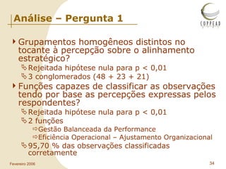 Análise – Pergunta 1 Grupamentos homogêneos distintos no tocante à percepção sobre o alinhamento estratégico? Rejeitada hipótese nula para p < 0,01  3 conglomerados (48 + 23 + 21) Funções capazes de classificar as observações tendo por base as percepções expressas pelos respondentes? Rejeitada hipótese nula para p < 0,01 2 funções Gestão Balanceada da Performance Eficiência Operacional – Ajustamento Organizacional 95,70 % das observações classificadas corretamente 
