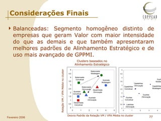 Considerações Finais Balanceadas: Segmento homogêneo distinto de empresas que geram Valor com maior intensidade do que as demais e que também apresentaram melhores padrões de Alinhamento Estratégico e de uso mais avançado de GPPMI. 