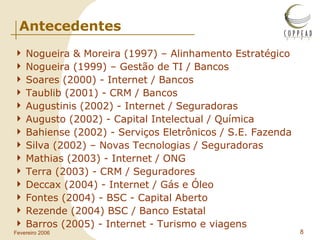 Antecedentes Nogueira & Moreira (1997) – Alinhamento Estratégico Nogueira (1999) – Gestão de TI / Bancos Soares (2000) - Internet / Bancos Taublib (2001) - CRM / Bancos  Augustinis (2002) - Internet / Seguradoras Augusto (2002) - Capital Intelectual / Química Bahiense (2002) - Serviços Eletrônicos / S.E. Fazenda Silva (2002) – Novas Tecnologias / Seguradoras Mathias (2003) - Internet / ONG Terra (2003) - CRM / Seguradores Deccax (2004) - Internet / Gás e Óleo Fontes (2004) - BSC - Capital Aberto Rezende (2004) BSC / Banco Estatal Barros (2005) - Internet - Turismo e viagens 