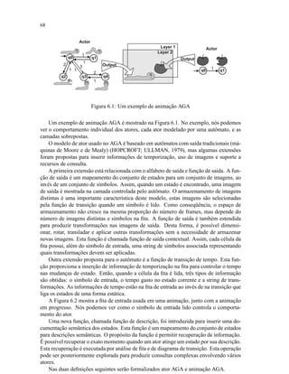 68
Figura 6.1: Um exemplo de animação AGA
Um exemplo de animação AGA é mostrado na Figura 6.1. No exemplo, nós podemos
ver o comportamento individual dos atores, cada ator modelado por uma autômato, e as
camadas sobrepostas.
O modelo de ator usado no AGA é baseado em autômatos com saída tradicionais (má-
quinas de Moore e de Mealy) (HOPCROFT; ULLMAN, 1979), mas algumas extensões
foram propostas para inserir informações de temporização, uso de imagens e suporte a
recursos de consulta.
A primeira extensão está relacionada com o alfabeto de saída e função de saída. A fun-
ção de saída é um mapeamento do conjunto de estados para um conjunto de imagens, ao
invés de um conjunto de símbolos. Assim, quando um estado é encontrado, uma imagem
de saída é mostrada na camada controlada pelo autômato. O armazenamento de imagens
distintas é uma importante característica deste modelo, estas imagens são selecionadas
pela função de transição quando um símbolo é lido. Como conseqüência, o espaço de
armazenamento não cresce na mesma proporção do número de frames, mas depende do
número de imagens distintas e símbolos na ﬁta. A função de saída é também estendida
para produzir transformações nas imagens de saída. Desta forma, é possível dimensi-
onar, rotar, transladar e aplicar outras transformações sem a necessidade de armazenar
novas imagens. Esta função é chamada função de saída contextual. Assim, cada célula da
ﬁta possui, além do símbolo de entrada, uma string de símbolos associada representando
quais transformações devem ser aplicadas.
Outra extensão proposta para o autômato é a função de transição de tempo. Esta fun-
ção proporciona a inserção de informação de temporização na ﬁta para controlar o tempo
nas mudanças de estado. Então, quando a célula da ﬁta é lida, três tipos de informação
são obtidas: o símbolo de entrada, o tempo gasto no estado corrente e a string de trans-
formações. As informações de tempo estão na ﬁta de entrada ao invés de na transição que
liga os estados de uma forma estática.
A Figura 6.2 mostra a ﬁta de entrada usada em uma animação, junto com a animação
em progresso. Nós podemos ver como o símbolo de entrada lido controla o comporta-
mento do ator.
Uma nova função, chamada função de descrição, foi introduzida para inserir uma do-
cumentação semântica dos estados. Esta função é um mapeamento do conjunto de estados
para descrições semânticas. O propósito da função é permitir recuperação de informação.
É possível recuperar o exato momento quando um ator atinge um estado por sua descrição.
Esta recuperação é executada por análise de ﬁta e de diagrama de transição. Esta operação
pode ser posteriormente explorada para produzir consultas complexas envolvendo vários
atores.
Nas duas deﬁnições seguintes serão formalizados ator AGA e animação AGA.
 
