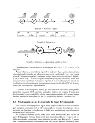 73
Figura 6.3: Autômato simples
Figura 6.4: Animação a0
Figura 6.5: Animação a0 representada usando-se AGA
(segunda parte) Esta encontrar a0 de forma que |GGIF (a0)|  |GAGA(a0)| + c é
satisfeito.
Nós escolhemos a0 mostrado na Figura 6.4. Os frames F0 e G0 são ortogonalmente
não relacionados (signiﬁca que não podemos encontrar regularidades entre eles, e, neste
caso, GIF não pode comprimir a animação usando similaridades intra-frames). Todo Fi,
i  0, é obtido de Fi−1 usando-se alguma transformação (como translação). Para AGA,
nós construímos o autômato mostrado na Figura 6.5, F0 e G0 são os frames iniciais e a
seqüência de transformações está armazenada na ﬁta de entrada. Para GIF nós devemos
armazenar todos os frames separadamente. 2
O Teorema 35 é conseqüência do fato que a máquina-GIF armazena a animação lite-
ralmente e a máquina-AGA computa a animação a partir de um conjunto de atores e da
ﬁta de entrada (a compressão GIF é o limite superior da compressão AGA, em um sentido
bastante próximo ao do Teorema 6). Isto é, a máquina-AGA simula a máquina-GIF.
6.5 Um Experimento de Comparação de Taxas de Compressão
Esta Seção do trabalho apresenta alguns dados empíricos obtidos de testes executados
para comparar animações AGA e GIF com relação ao tamanho dos arquivos. Nosso
propósito não é explorar profundamente os dados, mas apenas ilustrar os resultados teó-
ricos das Seções precedentes.
As seqüências animadas usadas nestes testes foram desenvolvidas para ilustrar um
curso de linguagens formais, desenvolvido com propósitos didáticos. Todas as três se-
qüências animadas representam algum autômato em ação (veja Tabela 6.1). A anima-
ção 1 mostra um autômato ﬁnito reconhecendo uma entrada. Durante a animação, todas
 