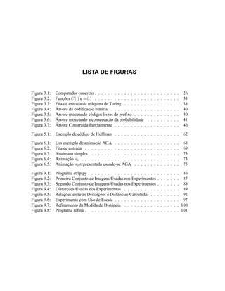 LISTA DE FIGURAS
Figura 3.1: Computador concreto . . . . . . . . . . . . . . . . . . . . . . . . . . 26
Figura 3.2: Funções C(.) e m(.) . . . . . . . . . . . . . . . . . . . . . . . . . . 33
Figura 3.3: Fita de entrada da máquina de Turing . . . . . . . . . . . . . . . . . 38
Figura 3.4: Árvore da codiﬁcação binária . . . . . . . . . . . . . . . . . . . . . 40
Figura 3.5: Árvore mostrando códigos livres de preﬁxo . . . . . . . . . . . . . . 40
Figura 3.6: Árvore mostrando a conservação da probabilidade . . . . . . . . . . 41
Figura 3.7: Árvore Construída Parcialmente . . . . . . . . . . . . . . . . . . . . 46
Figura 5.1: Exemplo de código de Huffman . . . . . . . . . . . . . . . . . . . . 62
Figura 6.1: Um exemplo de animação AGA . . . . . . . . . . . . . . . . . . . . 68
Figura 6.2: Fita de entrada . . . . . . . . . . . . . . . . . . . . . . . . . . . . . 69
Figura 6.3: Autômato simples . . . . . . . . . . . . . . . . . . . . . . . . . . . 73
Figura 6.4: Animação a0 . . . . . . . . . . . . . . . . . . . . . . . . . . . . . . 73
Figura 6.5: Animação a0 representada usando-se AGA . . . . . . . . . . . . . . 73
Figura 9.1: Programa strip.py . . . . . . . . . . . . . . . . . . . . . . . . . . . . 86
Figura 9.2: Primeiro Conjunto de Imagens Usadas nos Experimentos . . . . . . . 87
Figura 9.3: Segundo Conjunto de Imagens Usadas nos Experimentos . . . . . . . 88
Figura 9.4: Distorções Usadas nos Experimentos . . . . . . . . . . . . . . . . . 89
Figura 9.5: Relações entre as Distorções e Distâncias Calculadas . . . . . . . . . 92
Figura 9.6: Experimento com Uso de Escala . . . . . . . . . . . . . . . . . . . . 97
Figura 9.7: Reﬁnamento da Medida de Distância . . . . . . . . . . . . . . . . . 100
Figura 9.8: Programa reﬁna . . . . . . . . . . . . . . . . . . . . . . . . . . . . . 101
 
