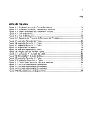 ix



                                                                                                                       Pag.



Lista de Figuras
Figura III.1: Software Livre LUM - Óptica Geométrica.........................................................34
Figura III.2: Software Livre MEK - Mecânica da Partícula...................................................35
Figura III.3: STEP - Simulador de Fenômenos Físicos.......................................................35
Figura III.4: Tela do Edubuntu..............................................................................................37
Figura III.5: Tela do SkoleLinux............................................................................................38
Figura IV.1: Esquema da Proposta de Formação de Professores......................................43
Figura V.1: wiki-sítio Aprendendo Física.............................................................................56
Figura V.2: wiki-sítio Aprendendo Física.............................................................................56
Figura V.3: wiki-sítio Aprendendo Física.............................................................................56
Figura V.6:Projeto Leis de Newton......................................................................................56
Figura V.5: wiki-sítio Aprendendo Física.............................................................................56
Figura V.6: Projeto Leis de Newton Figura........................................................................53
Figura V.7: Simulação 1 - Estudo de Caso......................................................................58
Figura V.8: Simulação 2 - Estudo de Caso.........................................................................58
Figura V.9: wiki-sítio Aprendendo Física.............................................................................56
Figura V.10: wiki-sítio Aprendendo Física...........................................................................56
Figura V.11: Tarefa Complementar - Erros e Medidas.......................................................64
Figura V.12: Alunos Realizando Experimentos...................................................................71
Figura V.13: Alunos Realizando Experimentos...................................................................72
Figura V.14: Alunos Realizando Experimentos...................................................................73
Figura V.15: Alunos Realizando Experimentos ..................................................................74
 
