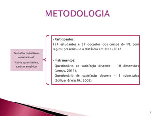 7 
Trabalho descritivo-correlacional; 
Matriz quantitativa, 
caráter empírico 
•Participantes: 
124 estudantes e 37 docentes dos cursos do IPL com 
regime presencial e a distância em 2011/2012. 
•Instrumentos: 
Questionário de satisfação discente - 10 dimensões 
(Lemos, 2011); 
Questionário de satisfação docente – 3 subescalas 
(Bolliger & Wasilik, 2009). 
 