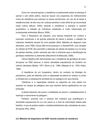 16
Como em cana-de-açúcar a resistência a praticamente todas as doenças é
parcial e com efeito aditivo, deve-se buscar nos programas de melhoramento
níveis de resistência que reduzam os danos econômicos, em vez de se tentar a
resistência total, de alto risco em culturas perenes e mais difícil de ser encontrada
nesta cultura (Moura, 2004). Quando a resistência a doenças é caracter
quantitativo, a seleção de indivíduos resistentes é muito influenciada por
componentes ambientais (Moura, 2004).
Para o Raquitismo da soqueira, uma doença freqüente em viveiros e
canaviais comerciais e de grande potencial de danos e perdas, a seleção de
cultivares resistente sempre foi uma questão difícil. Métodos de diagnose mais
eficientes, como TBIA (Tissue Blot Immunoassay) e o Nested-PCR, uma variação
do método de PCR, têm permitido a detecção de células da bactéria Lxx na seiva
de plantas doentes, porém somente isso não é suficiente para a identificação de
genótipos resistentes ou tolerantes (Maccheroni & Matsuoka, 2006).
Vários trabalhos têm demonstrado que a resistência de genótipos de cana-
de-açúcar ao RSD deve-se a menor densidade populacional da bactéria em
colmos infectados (Bailey, 1977; Davis et al., 1988; Gillaspie et al., 1976; Koike,
1982).
A resistência de um hospedeiro, dentro do contexto da fisiologia do
parasitismo, pode ser definida como a capacidade da planta em atrasar ou evitar
a entrada e/ou a subsequente atividade de um patógeno em seus tecidos.
Tolerância é a capacidade inerente ou adquirida de uma planta em
suportar um ataque do patógeno sem que ocorram danos significativos em sua
produção.
A planta tolerante não possui a habilidade de previnir o estabelecimento e
restringir o crescimento do patógeno.
Portanto, somente com o advento dos métodos que quantifiquem a
densidade populacional de Lxx nos vasos ou a taxa de colonização destes pela
bactéria, é que se poderá avaliar a resistência/tolerância das variedades de cana-
de-açúcar (Ros, 2004).
2.6. Métodos de diagnóstico do RSD visando estudos de resistência
 