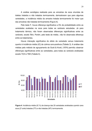 29
A análise sorológica realizada para as amostras da soca oriundas de
toletes tratados e não tratados termicamente, demostraram que para algumas
variedades, a incidência média da amostra tratada termicamente foi maior que
das amostras não tratadas termicamente (Figura 4).
Pelo teste F, houve diferença significativa a 5% de probabilidade entre as
variedades avaliadas na soca para todas as variáveis estudadas. Já para
tratamento térmico, não foram observadas diferenças siginificativas entre as
variáveis, exceto °Brix. Porém, pelo teste de média , não foi observada diferença
entre os tratamentos.
Houve interação significativa do efeito da variedade versus tratamento
quanto à incidência média (IC) de colmos soro-positivos (Tabela 3). A análise das
médias pelo método de agrupamento de Scott & Knott, (1974) permitiu observar
diferenças significativas entre as variedades, para todas as variáveis analisadas
exceto TCH e TBH (Tabela 4).
40,00
60,00
80,00
100,00
RB83-5486
RB80-1816
RB85-5511
RB86-7515
RB72454
RB93509
RB92579
SP91-1049
RB85-5453
RB85-8927
RB85-5113
RB87-2552
SP81-3250
RB93-1530
SP71-1406
RB84-5210
SP83-2847
RB85-8539
RB91-8639
SP80-1842
Variedades
IC(%)
TT
NT
Figura 4. Incidência média (IC %) de doença das 20 variedades analisadas quando cana
soca (2°corte) tratadas (TT) e não tratadas (NT) t ermicamente.
 