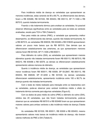 34
Para incidência média de doença as variedades que apresentaram as
menores incidências, estas variando de 80 a 66,7%, se diferenciando das demais,
foram a RB 835486, RB 931530, RB 855453, RB 855113, SP 71-1406 e RB
867515, quando tratadas termicamente.
Fixando o não tratamento térmico para analisar as variedades, foi possível
observar diferenças significativas entre as variedades para as todas as variáveis
analisadas, exceto para TCH e TBH (Tabela 6).
Para peso médio de colmos (PMC), a variedade que apresentou melhor
desempenho, se diferenciando das demais, quando não tratada termicamente, foi
a RB 867515, as variedades RB 858539, RB 835486 e RB 918639 apresentaram
valores um pouco mais baixos que da RB 867515. Das demais que se
diferenciaram estatisticamente das anteriores, as que apresentaram menores
valores foram RB 931530, SP 71-1406 e RB 855511.
Para diâmetro do colmo (DIA), as variedades que apresentaram maiores
diâmetros quando não tratadas termicamente foram RB 855113, RB 867515, RB
845210, RB 835486 e RB 92579, as demais se diferenciaram estatisticamente
apresentando valores menores de diâmetro.
Quanto à incidência média de doença, as variedades que apresentaram
menor incidência foram RB 855511, RB 93509, SP 83-2847, RB 855113, RB
855453, RB 858539, SP 81-3250 e RB 931530. As demais variedades
diferenciaram estatisticamente, apresentando incidência entre 100 e 86,7% de
doença quando não tratadas termicamente.
Com o teste de média realizado para interação entre os tratamentos com
as variedades, pode-se observar para variável incidência média o efeito do
tratamento térmico somente para algumas variedades (Figura 6).
Com os dados de peso médio do colmo (PMC) e diâmetro do colmo (DIA),
obtidos das 20 variedades, que não foram tratadas termicamente, pode-se
observar que as variedades RB 867515 e RB 835486 foram as que apresentaram
maiores valores para ambas variáveis e alta incidência média de doença (Tabela
6).
As variedades RB 931530, RB 855511, RB 93509 e RB 855453, mesmo
apresentando valores mais baixos de incidência média de doença, não tiveram
valores melhores de PMC e DIA (Tabela 6).
 