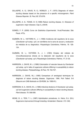 50
GILLASPIE, A. G.; DAVIS, R. E.; WORLEY, J. F. (1973) Diagnosis of ratoon
stunting disease based on the presence of a specific microorganism. Plant
Disease Reporter, St. Paul, 60: 573-576.
GILLASPIE, A. G.; TEAKE, D. S (1989) Ratoon stunting disease. In: Diseases of
sugarcane: major diseases. Cap.4, p 58-80.
GOMES, F. P. (2000) Curso de Estatística Experimental. 14.ed.Piracicaba: São
Paulo. 477p.
GUZMÁN, M. L.; VICTORIA K., J. I. (1992) Incidencia del raquitismo de la soca
(Clavibacter xyli subsp. xyli ) en semilleros de la cana de azucar y evaluación
de metodos de su diagnostico. Fitopatología Colombiana, Palmira, 16: 126-
134.
GUZMÁN, M. L.; VICTORIA K., J. I. (1993) Empleo del método de
inmunofluorescencia directa en la detección del raquitismo de la soca
(Clavibacter xyli subsp. xyli ) Fitopatología Colombiana, Palmira, 17: 21-30.
HARRISON, J.; DAVIS, M. J. (1988) Colonization of vascular tissues by Clavibacter
xyli subsp. xyli in talks of sugarcane cultivars differing in susceptibility to ratoon
stunting disease. Phytopathology, St Paul, 78: 722-727.
HARRISON, J.; DAVIS, M.J. (1990) Comparison of serological techniques for
diagnosis of ratoon stunting disease. Sugarcane. 1990. Port Talbot: 5-9
(Resumo em CAB Abstracts on CD-ROM, 3a :1990-91).
HARRISON, N. A.; DAVIS, M. J. (1986) Infectivity titrations of Clavibacter xyli subsp.
xyli and sugarcane cultivars differing in susceptibility to ratoon stunting disease.
Plant disease. 70: 556-558.
HEINZ, D. J.; TEW, T. L. (1987) Hybridization procedures. In: Heinz, D.J. (Ed.)
Sugarcane improvement through breeding. Amsterdam: Elsevier. 313 -342.
 
