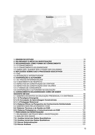 /
SUMÁRIO
1. ORIGEM DO ESTUDO ...................................................................................................15
2. DELINEANDO O INÍCIO DA INVESTIGAÇÃO ............................................................... 25
3. SOLIDARIEDADE COMO FORMA DE CONHECIMENTO ........................................... 31
3.1 O CONHECIMENTO .................................................................................................... 32
3.2 O CONHECIMENTO-SOLIDARIEDADE....................................................................... 36
3.3 SABER SER, QUERER SER E PODER SER SOLIDÁRIO .......................................... 38
4. REFLEXÕES SOBRE EAD E PROCESSOS EDUCATIVOS ........................................ 44
4.1 EAD .............................................................................................................................. 44
4.2 INTERAÇÃO E INTERATIVIDADE .............................................................................. 49
5. COOPERAÇÃO E AUTONOMIA ................................................................................... 53
5.1 AS TROCAS INTERINDIVIDUAIS ............................................................................... 53
5.2 O SENTIMENTO DE RESPEITO ................................................................................. 65
5.3 ASPECTOS DA CONSTITUIÇÃO DA VONTADE ........................................................ 67
5.4 ASPECTOS DA CONSTITUIÇÃO DOS VALORES ..................................................... 68
5.5 A TOMADA DE CONSCIÊNCIA ................................................................................... 70
5.6 COOPERAÇÃO E AUTONOMIA NA EDUCAÇÃO ....................................................... 74
6. CONHECIMENTO-SOLIDARIEDADE COMO UM SABER
DOCENTE EM EAD ........................................................................................................... 84
6.1 SABERES DOCENTES DA EDUCAÇÃO PRESENCIAL E A DISTÂNCIA .................. 86
6.1.1 O Paradigma Emergente ......................................................................................... 86
6.1.2 A Concepção de Aprendizagem Construtivista .................................................... 91
6.1.3 A Pedagogia Relacional ......................................................................................... 93
6.1.4 Saberes Éticos na Perspectiva do Conhecimento-Solidariedade ....................... 94
6.2 SABERES MAIS RELACIONADOS À EAD .................................................................. 99
6.2.1Saberes Técnicos e de Gestão em EAD ................................................................. 99
6.2.2 Saberes Pedagógicos e Comunicacionais em EAD ........................................... 101
7. PERCURSOS DA INVESTIGAÇÃO ............................................................................ 106
7.1 DELINEANDO UM POUCO MAIS A INVESTIGAÇÃO.................................................106
7.2 ANÁLISE DOS DADOS ...............................................................................................109
7.2.1 Análise Inicial dos Dados Quantitativos ..............................................................109
7.2.2 Análise Inicial dos Dados Qualitativos..................................................................112
7.2.3 Novas Sistematizações ..........................................................................................125
7.2.4 Novas Análises .......................................................................................................131
12
 
