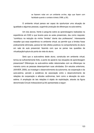 /
se fazerem notar em um ambiente on-line, algo que fazem com
facilidade quando o contato é direto (1996, p.30).
O ambiente virtual parece ser capaz de oportunizar uma situação de
igualdade a algumas pessoas, sugerindo produção de diferenças na auto-estima.
Um dos alunos, frente à pergunta sobre as aprendizagens realizadas na
experiência em EAD e que levaria para as aulas presenciais, deu como resposta:
“contribuiu na redução da minha “timidez” diante dos professores”. Interessante
ressaltar que essa experiência no ambiente virtual, ao permitir que a timidez fosse
praticamente eliminada, parece ter tido efeitos positivos no comportamento do aluno
em sala de aula presencial, fazendo com que se pense nas questões de
virtualização/ruptura do ponto de vista do aluno.
Será que a auto-estima deste aluno, construída em ambiente virtual,
tornou-se suficientemente forte, a ponto de apoiá-lo nas situações de aprendizagem
presenciais? Diferenças na auto-estima estão relacionadas com as diferenças na
maneira como as pessoas desempenham suas atividades. Em estudos anteriores,
(XAVIER, 2000), ao investigar o desenvolvimento da autonomia, da cooperação e da
auto-estima, percebi a existência de associação entre o desenvolvimento de
relações de cooperação e atitudes autônomas, bem como a elevação da auto-
estima. A ampliação de tais relações é objeto de explicitação, através da figura
denominada Círculo Indissociável (p.54) apresentada a seguir:
123
 