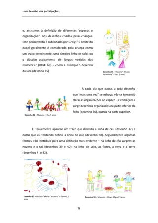 ͙Ƶŵ ĚĞƐĞŶŚŽ ƵŵĂ ƉĂƌƚŝĐŝƉĂĕĆŽ͘͘͘




Ğ͕ ĂƐƐŝƐƚŝŵŽƐ ă ĚĞĨŝŶŝĕĆŽ ĚĞ ĚŝĨĞƌĞŶƚĞƐ ͞ĞƐƉĂĕŽƐ Ğ
ŽƌŐĂŶŝǌĂĕƁĞƐ͟ ŶŽƐ ĚĞƐĞŶŚŽƐ ĐƌŝĂĚŽƐ ƉĞůĂƐ ĐƌŝĂŶĕĂƐ͘
ƐƚĞ ƉĞŶƐĂŵĞŶƚŽ Ġ ƐƵďůŝŶŚĂĚŽ ƉŽƌ 'ƌĞŝŐ͗ ͟K ůŝŵŝƚĞ ĚŽ
ƉĂƉĞů ŐĞƌĂůŵĞŶƚĞ Ġ ĐŽŶƐŝĚĞƌĂĚŽ ƉĞůĂ ĐƌŝĂŶĕĂ ĐŽŵŽ
Ƶŵ ƚƌĂĕŽ ƉƌĞĞǆŝƐƚĞŶƚĞ͕ ƵŵĂ ƐŝŵƉůĞƐ ůŝŶŚĂ ĚĞ ƐŽůŽ͕ ŽƵ
Ž ĐůĄƐƐŝĐŽ ĂĐĂďĂŵĞŶƚŽ ĚĞ ůŽŶŐŽƐ ǀĞƐƚŝĚŽƐ ĚĂƐ
ŵƵůŚĞƌĞƐ͘͟ ;ϮϬϬϰ͗ ϲϬͿ ʹ ĐŽŵŽ Ġ ĞǆĞŵƉůŽ Ž ĚĞƐĞŶŚŽ
ĚĂ /ĂƌĂ ;ĚĞƐĞŶŚŽ ϯϱͿ                                                             ĞƐĞŶŚŽ ϯϱ ʹ ,ŝƐƚſƌŝĂ ͞ ĂĚĂ
                                                                                 WĂůĂǀƌŝŶŚĂ͟ ʹ /ĂƌĂ͕ ϱ ĂŶŽƐ




                                                               ĐĂĚĂ ĚŝĂ ƋƵĞ ƉĂƐƐĂ͕ Ă ĐĂĚĂ ĚĞƐĞŶŚŽ
                                                      ƋƵĞ ͞ŵĂŝƐ ƵŵĂ ǀĞǌ͟ ƐĞ ĞƐďŽĕĂ͕ ǀĆŽͲƐĞ ƚŽƌŶĂŶĚŽ
                                                      ĐůĂƌĂƐ ĂƐ ŽƌŐĂŶŝǌĂĕƁĞƐ ŶŽ ĞƐƉĂĕŽ ʹ Ğ ĐŽŵĞĕĂŵ Ă
                                                      ƐƵƌŐŝƌ ĚĞƐĞŶŚŽƐ ŽƌŐĂŶŝǌĂĚŽƐ ŶĂ ƉĂƌƚĞ ŝŶĨĞƌŝŽƌ ĚĂ
                                                      ĨŽůŚĂ ;ĚĞƐĞŶŚŽ ϯϲͿ͕ ŽƵƚƌŽƐ ŶĂ ƉĂƌƚĞ ƐƵƉĞƌŝŽƌ͘
 ĞƐĞŶŚŽ ϯϲ ʹ DĂŐƵƐƚŽ ʹ ZƵŝ͕ ϱ ĂŶŽƐ




         ͕ ƚĞŶƵĞŵĞŶƚĞ ĂƉĂƌĞĐĞ Ƶŵ ƚƌĂĕŽ ƋƵĞ ĚĞůŝŵŝƚĂ Ă ůŝŶŚĂ ĚĞ ĐĠƵ ;ĚĞƐĞŶŚŽ ϯϳͿ Ğ
ŽƵƚƌŽ ƋƵĞ ǀĂŝ ƚĞŶƚĂŶĚŽ ĚĞĨŝŶŝƌ Ă ůŝŶŚĂ ĚĞ ƐŽůŽ ;ĚĞƐĞŶŚŽ ϯϴͿ͘ ^ĞŐƵŝĚĂŵĞŶƚĞ ĂůŐƵŵĂƐ
ĨŽƌŵĂƐ ŝƌĆŽ ĐŽŶƚƌŝďƵŝƌ ƉĂƌĂ ƵŵĂ ĚĞĨŝŶŝĕĆŽ ŵĂŝƐ ĞǀŝĚĞŶƚĞ ʹ ŶĂ ůŝŶŚĂ ĚĞ ĐĠƵ ƐƵƌŐĞŵ ĂƐ
ŶƵǀĞŶƐ Ğ Ž ƐŽů ;ĚĞƐĞŶŚŽƐ ϯϵ Ğ ϰϬͿ͖ ŶĂ ůŝŶŚĂ ĚĞ ƐŽůŽ͕ ĂƐ ĨůŽƌĞƐ͕ Ă ƌĞůǀĂ Ğ Ă ƚĞƌƌĂ
;ĚĞƐĞŶŚŽƐ ϰϭ Ğ ϰϮͿ͘




ĞƐĞŶŚŽ ϯϳ ʹ ,ŝƐƚſƌŝĂ ͞DĂƌŝĂ ĂƐƚĂŶŚĂ͟ ʹ ĂŶŝĞůĂ͕ ϯ            ĞƐĞŶŚŽ ϯϴ ʹ DĂŐƵƐƚŽ ʹ ŝŽŐŽ DŝŐƵĞů͕ ϱ ĂŶŽƐ
ĂŶŽƐ



                                                         ϳϴ
 