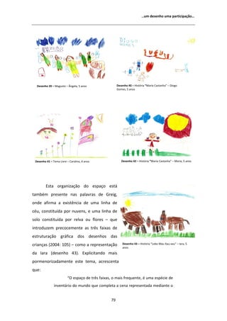 ͙Ƶŵ ĚĞƐĞŶŚŽ ƵŵĂ ƉĂƌƚŝĐŝƉĂĕĆŽ͙




  ĞƐĞŶŚŽ ϯϵ ʹ DĂŐƵƐƚŽ ʹ ŶŐĞůĂ͕ ϱ ĂŶŽƐ                ĞƐĞŶŚŽ ϰϬ ʹ ,ŝƐƚſƌŝĂ ͞DĂƌŝĂ ĂƐƚĂŶŚĂ͟ ʹ ŝŽŐŽ
                                                      'ŽŵĞƐ͕ ϱ ĂŶŽƐ




 ĞƐĞŶŚŽ ϰϭ ʹ dĞŵĂ ŝǀƌĞ ʹ ĂƌŽůŝŶĂ͕ ϰ ĂŶŽƐ              ĞƐĞŶŚŽ ϰϮ ʹ ,ŝƐƚſƌŝĂ ͞DĂƌŝĂ ĂƐƚĂŶŚĂ͟ ʹ DĂƌŝĂ͕ ϱ ĂŶŽƐ




         ƐƚĂ ŽƌŐĂŶŝǌĂĕĆŽ ĚŽ ĞƐƉĂĕŽ ĞƐƚĄ
ƚĂŵďĠŵ ƉƌĞƐĞŶƚĞ ŶĂƐ ƉĂůĂǀƌĂƐ ĚĞ 'ƌĞŝŐ͕
ŽŶĚĞ ĂĨŝƌŵĂ Ă ĞǆŝƐƚġŶĐŝĂ ĚĞ ƵŵĂ ůŝŶŚĂ ĚĞ
ĐĠƵ͕ ĐŽŶƐƚŝƚƵşĚĂ ƉŽƌ ŶƵǀĞŶƐ͕ Ğ ƵŵĂ ůŝŶŚĂ ĚĞ
ƐŽůŽ ĐŽŶƐƚŝƚƵşĚĂ ƉŽƌ ƌĞůǀĂ ŽƵ ĨůŽƌĞƐ ʹ ƋƵĞ
ŝŶƚƌŽĚƵǌĞŵ ƉƌĞĐŽĐĞŵĞŶƚĞ ĂƐ ƚƌġƐ ĨĂŝǆĂƐ ĚĞ
ĞƐƚƌƵƚƵƌĂĕĆŽ ŐƌĄĨŝĐĂ ĚŽƐ ĚĞƐĞŶŚŽƐ ĚĂƐ
ĐƌŝĂŶĕĂƐ ;ϮϬϬϰ͗ ϭϬϱͿ ʹ ĐŽŵŽ Ă ƌĞƉƌĞƐĞŶƚĂĕĆŽ               ĞƐĞŶŚŽ ϰϯ ʹ ,ŝƐƚſƌŝĂ ͞ŽďŽ DĂƵ yĂƵͲǆĂƵ͟ ʹ /ĂƌĂ͕ ϱ
                                                          ĂŶŽƐ
ĚĂ /ĂƌĂ ;ĚĞƐĞŶŚŽ ϰϯͿ͘ ǆƉůŝĐŝƚĂŶĚŽ ŵĂŝƐ
ƉŽƌŵĞŶŽƌŝǌĂĚĂŵĞŶƚĞ ĞƐƚĞ ƚĞŵĂ͕ ĂĐƌĞƐĐĞŶƚĂ
ƋƵĞ͗
                         ͞K ĞƐƉĂĕŽ ĚĞ ƚƌġƐ ĨĂŝǆĂƐ͕ Ž ŵĂŝƐ ĨƌĞƋƵĞŶƚĞ͕ Ġ ƵŵĂ ĞƐƉĠĐŝĞ ĚĞ
               ŝŶǀĞŶƚĄƌŝŽ ĚŽ ŵƵŶĚŽ ƋƵĞ ĐŽŵƉůĞƚĂ Ă ĐĞŶĂ ƌĞƉƌĞƐĞŶƚĂĚĂ ŵĞĚŝĂŶƚĞ Ž


                                                 ϳϵ
 