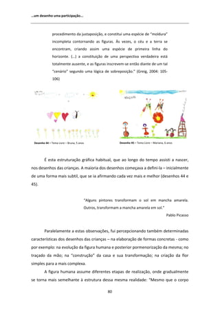 ͙Ƶŵ ĚĞƐĞŶŚŽ ƵŵĂ ƉĂƌƚŝĐŝƉĂĕĆŽ͘͘͘



               ƉƌŽĐĞĚŝŵĞŶƚŽ ĚĂ ũƵƐƚĂƉŽƐŝĕĆŽ͕ Ğ ĐŽŶƐƚŝƚƵŝ ƵŵĂ ĞƐƉĠĐŝĞ ĚĞ ͞ŵŽůĚƵƌĂ͟
               ŝŶĐŽŵƉůĞƚĂ ĐŽŶƚŽƌŶĂŶĚŽ ĂƐ ĨŝŐƵƌĂƐ͘            Ɛ ǀĞǌĞƐ͕ Ž ĐĠƵ Ğ Ă ƚĞƌƌĂ ƐĞ
               ĞŶĐŽŶƚƌĂŵ͕ ĐƌŝĂŶĚŽ ĂƐƐŝŵ ƵŵĂ ĞƐƉĠĐŝĞ ĚĞ ƉƌŝŵĞŝƌĂ ůŝŶŚĂ ĚŽ
               ŚŽƌŝǌŽŶƚĞ͘ ;͙Ϳ Ă ĐŽŶƐƚŝƚƵŝĕĆŽ ĚĞ ƵŵĂ ƉĞƌƐƉĞĐƚŝǀĂ ǀĞƌĚĂĚĞŝƌĂ ĞƐƚĄ
               ƚŽƚĂůŵĞŶƚĞ ĂƵƐĞŶƚĞ͕ Ğ ĂƐ ĨŝŐƵƌĂƐ ŝŶƐĐƌĞǀĞŵͲƐĞ ĞŶƚĆŽ ĚŝĂŶƚĞ ĚĞ Ƶŵ ƚĂů
               ͞ĐĞŶĄƌŝŽ͟ ƐĞŐƵŶĚŽ ƵŵĂ ůſŐŝĐĂ ĚĞ ƐŽďƌĞƉŽƐŝĕĆŽ͘͟ ;'ƌĞŝŐ͕ ϮϬϬϰ͗ ϭϬϱͲ
               ϭϬϲͿ




 ĞƐĞŶŚŽ ϰϰ ʹ dĞŵĂ ŝǀƌĞ ʹ ƌƵŶĂ͕ ϱ ĂŶŽƐ                     ĞƐĞŶŚŽ ϰϱ ʹ dĞŵĂ ŝǀƌĞ ʹ DĂƌŝĂŶĂ͕ ϲ ĂŶŽƐ




         ĞƐƚĂ ĞƐƚƌƵƚƵƌĂĕĆŽ ŐƌĄĨŝĐĂ ŚĂďŝƚƵĂů͕ ƋƵĞ ĂŽ ůŽŶŐŽ ĚŽ ƚĞŵƉŽ ĂƐƐŝƐƚŝ Ă ŶĂƐĐĞƌ͕
ŶŽƐ ĚĞƐĞŶŚŽƐ ĚĂƐ ĐƌŝĂŶĕĂƐ͘                 ŵĂŝŽƌŝĂ ĚŽƐ ĚĞƐĞŶŚŽƐ ĐŽŵĞĕĂǀĂ Ă ĚĞĨŝŶŝͲůĂ ʹ ŝŶŝĐŝĂůŵĞŶƚĞ
ĚĞ ƵŵĂ ĨŽƌŵĂ ŵĂŝƐ ƐƵďƚŝů͕ ƋƵĞ ƐĞ ŝĂ ĂĨŝƌŵĂŶĚŽ ĐĂĚĂ ǀĞǌ ŵĂŝƐ Ğ ŵĞůŚŽƌ ;ĚĞƐĞŶŚŽƐ ϰϰ Ğ
ϰϱͿ͘


                                       ͞ ůŐƵŶƐ ƉŝŶƚŽƌĞƐ ƚƌĂŶƐĨŽƌŵĂŵ Ž ƐŽů Ğŵ ŵĂŶĐŚĂ ĂŵĂƌĞůĂ͘
                                       KƵƚƌŽƐ͕ ƚƌĂŶƐĨŽƌŵĂŵ Ă ŵĂŶĐŚĂ ĂŵĂƌĞůĂ Ğŵ ƐŽů͘͟
                                                                                                 WĂďůŽ WŝĐĂƐƐŽ


        WĂƌĂůĞůĂŵĞŶƚĞ Ă ĞƐƚĂƐ ŽďƐĞƌǀĂĕƁĞƐ͕ ĨƵŝ ƉĞƌĐĞƉĐŝŽŶĂŶĚŽ ƚĂŵďĠŵ ĚĞƚĞƌŵŝŶĂĚĂƐ
ĐĂƌĂĐƚĞƌşƐƚŝĐĂƐ ĚŽƐ ĚĞƐĞŶŚŽƐ ĚĂƐ ĐƌŝĂŶĕĂƐ ʹ ŶĂ ĞůĂďŽƌĂĕĆŽ ĚĞ ĨŽƌŵĂƐ ĐŽŶĐƌĞƚĂƐ Ͳ ĐŽŵŽ
ƉŽƌ ĞǆĞŵƉůŽ͗ ŶĂ ĞǀŽůƵĕĆŽ ĚĂ ĨŝŐƵƌĂ ŚƵŵĂŶĂ Ğ ƉŽƐƚĞƌŝŽƌ ƉŽƌŵĞŶŽƌŝǌĂĕĆŽ ĚĂ ŵĞƐŵĂ͖ ŶŽ
ƚƌĂĕĂĚŽ ĚĂ ŵĆŽ͖ ŶĂ ͞ĐŽŶƐƚƌƵĕĆŽ͟ ĚĂ ĐĂƐĂ Ğ ƐƵĂ ƚƌĂŶƐĨŽƌŵĂĕĆŽ͖ ŶĂ ĐƌŝĂĕĆŽ ĚĂ ĨůŽƌ
ƐŝŵƉůĞƐ ƉĂƌĂ Ă ŵĂŝƐ ĐŽŵƉůĞǆĂ͘
            ĨŝŐƵƌĂ ŚƵŵĂŶĂ ĂƐƐƵŵĞ ĚŝĨĞƌĞŶƚĞƐ ĞƚĂƉĂƐ ĚĞ ƌĞĂůŝǌĂĕĆŽ͕ ŽŶĚĞ ŐƌĂĚƵĂůŵĞŶƚĞ
ƐĞ ƚŽƌŶĂ ŵĂŝƐ ƐĞŵĞůŚĂŶƚĞ ă ĞƐƚƌƵƚƵƌĂ ĚĞƐƐĂ ŵĞƐŵĂ ƌĞĂůŝĚĂĚĞ͗ ͞DĞƐŵŽ ƋƵĞ Ž ĐŽƌƉŽ

                                                       ϴϬ
 