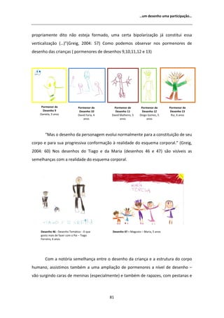 ͙Ƶŵ ĚĞƐĞŶŚŽ ƵŵĂ ƉĂƌƚŝĐŝƉĂĕĆŽ͙




ƉƌŽƉƌŝĂŵĞŶƚĞ ĚŝƚŽ ŶĆŽ ĞƐƚĞũĂ ĨŽƌŵĂĚŽ͕ ƵŵĂ ĐĞƌƚĂ ďŝƉŽůĂƌŝǌĂĕĆŽ ũĄ ĐŽŶƐƚŝƚƵŝ ĞƐƐĂ
ǀĞƌƚŝĐĂůŝǌĂĕĆŽ ;͙Ϳ͟;'ƌĞŝŐ͕ ϮϬϬϰ͗ ϱϳͿ ŽŵŽ ƉŽĚĞŵŽƐ ŽďƐĞƌǀĂƌ ŶŽƐ ƉŽƌŵĞŶŽƌĞƐ ĚĞ
ĚĞƐĞŶŚŽ ĚĂƐ ĐƌŝĂŶĕĂƐ ; ƉŽƌŵĞŶŽƌĞƐ ĚĞ ĚĞƐĞŶŚŽƐ ϵ͕ϭϬ͕ϭϭ͕ϭϮ Ğ ϭϯͿ




     WŽƌŵĞŶŽƌ ĚĞ               WŽƌŵĞŶŽƌ ĚĞ         WŽƌŵĞŶŽƌ ĚĞ        WŽƌŵĞŶŽƌ ĚĞ       WŽƌŵĞŶŽƌ ĚĞ
      ĞƐĞŶŚŽ ϵ                 ĞƐĞŶŚŽ ϭϬ          ĞƐĞŶŚŽ ϭϭ         ĞƐĞŶŚŽ ϭϮ        ĞƐĞŶŚŽ ϭϯ
    ĂŶŝĞůĂ͕ ϯ ĂŶŽƐ            ĂǀŝĚ ĂƌŝĂ͕ ϰ    ĂǀŝĚ DĂůŚĞŝƌŽ͕ ϱ   ŝŽŐŽ 'ŽŵĞƐ͕ ϱ      ZƵŝ͕ ϲ ĂŶŽƐ
                                   ĂŶŽƐ                ĂŶŽƐ               ĂŶŽƐ




        ͞DĂƐ Ž ĚĞƐĞŶŚŽ ĚĂ ƉĞƌƐŽŶĂŐĞŵ ĞǀŽůƵŝ ŶŽƌŵĂůŵĞŶƚĞ ƉĂƌĂ Ă ĐŽŶƐƚŝƚƵŝĕĆŽ ĚĞ ƐĞƵ
ĐŽƌƉŽ Ğ ƉĂƌĂ ƐƵĂ ƉƌŽŐƌĞƐƐŝǀĂ ĐŽŶĨŽƌŵĂĕĆŽ ă ƌĞĂůŝĚĂĚĞ ĚŽ ĞƐƋƵĞŵĂ ĐŽƌƉŽƌĂů͘͟ ;'ƌĞŝŐ͕
ϮϬϬϰ͗ ϲϬͿ EŽƐ ĚĞƐĞŶŚŽƐ ĚŽ dŝĂŐŽ Ğ ĚĂ DĂƌŝĂ ;ĚĞƐĞŶŚŽƐ ϰϲ Ğ ϰϳͿ ƐĆŽ ǀŝƐşǀĞŝƐ ĂƐ
ƐĞŵĞůŚĂŶĕĂƐ ĐŽŵ Ă ƌĞĂůŝĚĂĚĞ ĚŽ ĞƐƋƵĞŵĂ ĐŽƌƉŽƌĂů͘




    ĞƐĞŶŚŽ ϰϲ Ͳ ĞƐĞŶŚŽ dĞŵĄƚŝĐŽ Ͳ K ƋƵĞ        ĞƐĞŶŚŽ ϰϳ ʹ DĂŐƵƐƚŽ ʹ DĂƌŝĂ͕ ϱ ĂŶŽƐ
    ŐŽƐƚŽ ŵĂŝƐ ĚĞ ĨĂǌĞƌ ĐŽŵ Ž WĂŝ ʹ dŝĂŐŽ
    ĞƌƌĞŝƌĂ͕ ϲ ĂŶŽƐ




        Žŵ Ă ŶŽƚſƌŝĂ ƐĞŵĞůŚĂŶĕĂ ĞŶƚƌĞ Ž ĚĞƐĞŶŚŽ ĚĂ ĐƌŝĂŶĕĂ Ğ Ă ĞƐƚƌƵƚƵƌĂ ĚŽ ĐŽƌƉŽ
ŚƵŵĂŶŽ͕ ĂƐƐŝƐƚŝŵŽƐ ƚĂŵďĠŵ Ă ƵŵĂ ĂŵƉůŝĂĕĆŽ ĚĞ ƉŽƌŵĞŶŽƌĞƐ Ă ŶşǀĞů ĚĞ ĚĞƐĞŶŚŽ ʹ
ǀĆŽ ƐƵƌŐŝŶĚŽ ĐĂƌĂƐ ĚĞ ŵĞŶŝŶĂƐ ;ĞƐƉĞĐŝĂůŵĞŶƚĞͿ Ğ ƚĂŵďĠŵ ĚĞ ƌĂƉĂǌĞƐ͕ ĐŽŵ ƉĞƐƚĂŶĂƐ Ğ



                                                ϴϭ
 