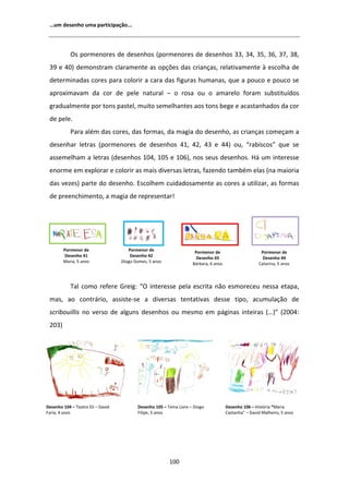 ͙Ƶŵ ĚĞƐĞŶŚŽ ƵŵĂ ƉĂƌƚŝĐŝƉĂĕĆŽ͘͘͘




            KƐ ƉŽƌŵĞŶŽƌĞƐ ĚĞ ĚĞƐĞŶŚŽƐ ;ƉŽƌŵĞŶŽƌĞƐ ĚĞ ĚĞƐĞŶŚŽƐ ϯϯ͕ ϯϰ͕ ϯϱ͕ ϯϲ͕ ϯϳ͕ ϯϴ͕
 ϯϵ Ğ ϰϬͿ ĚĞŵŽŶƐƚƌĂŵ ĐůĂƌĂŵĞŶƚĞ ĂƐ ŽƉĕƁĞƐ ĚĂƐ ĐƌŝĂŶĕĂƐ͕ ƌĞůĂƚŝǀĂŵĞŶƚĞ ă ĞƐĐŽůŚĂ ĚĞ
 ĚĞƚĞƌŵŝŶĂĚĂƐ ĐŽƌĞƐ ƉĂƌĂ ĐŽůŽƌŝƌ Ă ĐĂƌĂ ĚĂƐ ĨŝŐƵƌĂƐ ŚƵŵĂŶĂƐ͕ ƋƵĞ Ă ƉŽƵĐŽ Ğ ƉŽƵĐŽ ƐĞ
 ĂƉƌŽǆŝŵĂǀĂŵ ĚĂ ĐŽƌ ĚĞ ƉĞůĞ ŶĂƚƵƌĂů ʹ Ž ƌŽƐĂ ŽƵ Ž ĂŵĂƌĞůŽ ĨŽƌĂŵ ƐƵďƐƚŝƚƵşĚŽƐ
 ŐƌĂĚƵĂůŵĞŶƚĞ ƉŽƌ ƚŽŶƐ ƉĂƐƚĞů͕ ŵƵŝƚŽ ƐĞŵĞůŚĂŶƚĞƐ ĂŽƐ ƚŽŶƐ ďĞŐĞ Ğ ĂĐĂƐƚĂŶŚĂĚŽƐ ĚĂ ĐŽƌ
 ĚĞ ƉĞůĞ͘
            WĂƌĂ ĂůĠŵ ĚĂƐ ĐŽƌĞƐ͕ ĚĂƐ ĨŽƌŵĂƐ͕ ĚĂ ŵĂŐŝĂ ĚŽ ĚĞƐĞŶŚŽ͕ ĂƐ ĐƌŝĂŶĕĂƐ ĐŽŵĞĕĂŵ Ă
 ĚĞƐĞŶŚĂƌ ůĞƚƌĂƐ ;ƉŽƌŵĞŶŽƌĞƐ ĚĞ ĚĞƐĞŶŚŽƐ ϰϭ͕ ϰϮ͕ ϰϯ Ğ ϰϰͿ ŽƵ͕ ͞ƌĂďŝƐĐŽƐ͟ ƋƵĞ ƐĞ
 ĂƐƐĞŵĞůŚĂŵ Ă ůĞƚƌĂƐ ;ĚĞƐĞŶŚŽƐ ϭϬϰ͕ ϭϬϱ Ğ ϭϬϲͿ͕ ŶŽƐ ƐĞƵƐ ĚĞƐĞŶŚŽƐ͘ ,Ą Ƶŵ ŝŶƚĞƌĞƐƐĞ
 ĞŶŽƌŵĞ Ğŵ ĞǆƉůŽƌĂƌ Ğ ĐŽůŽƌŝƌ ĂƐ ŵĂŝƐ ĚŝǀĞƌƐĂƐ ůĞƚƌĂƐ͕ ĨĂǌĞŶĚŽ ƚĂŵďĠŵ ĞůĂƐ ;ŶĂ ŵĂŝŽƌŝĂ
 ĚĂƐ ǀĞǌĞƐͿ ƉĂƌƚĞ ĚŽ ĚĞƐĞŶŚŽ͘ ƐĐŽůŚĞŵ ĐƵŝĚĂĚŽƐĂŵĞŶƚĞ ĂƐ ĐŽƌĞƐ Ă ƵƚŝůŝǌĂƌ͕ ĂƐ ĨŽƌŵĂƐ
 ĚĞ ƉƌĞĞŶĐŚŝŵĞŶƚŽ͕ Ă ŵĂŐŝĂ ĚĞ ƌĞƉƌĞƐĞŶƚĂƌ͊




        WŽƌŵĞŶŽƌ ĚĞ                   WŽƌŵĞŶŽƌ ĚĞ                    WŽƌŵĞŶŽƌ ĚĞ                       WŽƌŵĞŶŽƌ ĚĞ
         ĞƐĞŶŚŽ ϰϭ                    ĞƐĞŶŚŽ ϰϮ                     ĞƐĞŶŚŽ ϰϯ                        ĞƐĞŶŚŽ ϰϰ
        DĂƌŝĂ͕ ϱ ĂŶŽƐ              ŝŽŐŽ 'ŽŵĞƐ͕ ϱ ĂŶŽƐ              ĄƌďĂƌĂ͕ ϲ ĂŶŽƐ                   ĂƚĂƌŝŶĂ͕ ϱ ĂŶŽƐ



            dĂů ĐŽŵŽ ƌĞĨĞƌĞ 'ƌĞŝŐ͗ ͞K ŝŶƚĞƌĞƐƐĞ ƉĞůĂ ĞƐĐƌŝƚĂ ŶĆŽ ĞƐŵŽƌĞĐĞƵ ŶĞƐƐĂ ĞƚĂƉĂ͕
 ŵĂƐ͕ ĂŽ ĐŽŶƚƌĄƌŝŽ͕ ĂƐƐŝƐƚĞͲƐĞ Ă ĚŝǀĞƌƐĂƐ ƚĞŶƚĂƚŝǀĂƐ ĚĞƐƐĞ ƚŝƉŽ͕ ĂĐƵŵƵůĂĕĆŽ ĚĞ
 ƐĐƌŝďŽƵŝůůŝƐ ŶŽ ǀĞƌƐŽ ĚĞ ĂůŐƵŶƐ ĚĞƐĞŶŚŽƐ ŽƵ ŵĞƐŵŽ Ğŵ ƉĄŐŝŶĂƐ ŝŶƚĞŝƌĂƐ ;͙Ϳ͟ ;ϮϬϬϰ͗
 ϮϬϯͿ




ĞƐĞŶŚŽ ϭϬϰ ʹ dĞĂƚƌŽ ůŝ ʹ ĂǀŝĚ          ĞƐĞŶŚŽ ϭϬϱ ʹ dĞŵĂ ŝǀƌĞ ʹ ŝŽŐŽ            ĞƐĞŶŚŽ ϭϬϲ ʹ ,ŝƐƚſƌŝĂ ͞DĂƌŝĂ
ĂƌŝĂ͕ ϰ ĂŶŽƐ                             ŝůŝƉĞ͕ ϱ ĂŶŽƐ                              ĂƐƚĂŶŚĂ͟ ʹ ĂǀŝĚ DĂůŚĞŝƌŽ͕ ϱ ĂŶŽƐ




                                                         ϭϬϬ
 