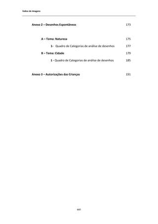 1ŶĚŝĐĞ ĚĞ /ŵĂŐĞŶƐ




          ŶĞǆŽ Ϯ ʹ ĞƐĞŶŚŽƐ ƐƉŽŶƚąŶĞŽƐ                                     ϭϳϯ



                     ʹ dĞŵĂ͗ EĂƚƵƌĞǌĂ                                       ϭϳϱ

                          ϭͲ YƵĂĚƌŽ ĚĞ ĂƚĞŐŽƌŝĂƐ ĚĞ ĂŶĄůŝƐĞ ĚĞ ĚĞƐĞŶŚŽƐ    ϭϳϳ

                     ʹ dĞŵĂ͗ ŝĚĂĚĞ                                        ϭϳϵ

                          ϭ Ͳ YƵĂĚƌŽ ĚĞ ĂƚĞŐŽƌŝĂƐ ĚĞ ĂŶĄůŝƐĞ ĚĞ ĚĞƐĞŶŚŽƐ   ϭϴϱ



          ŶĞǆŽ ϯ ʹ ƵƚŽƌŝǌĂĕƁĞƐ ĚĂƐ ƌŝĂŶĕĂƐ                                 ϭϵϭ




                                             ǆǆŝŝ
 