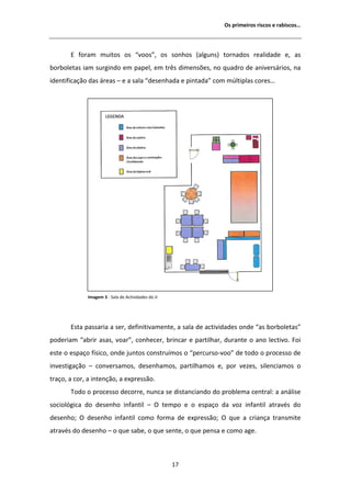 KƐ ƉƌŝŵĞŝƌŽƐ ƌŝƐĐŽƐ Ğ ƌĂďŝƐĐŽƐ͙




        ĨŽƌĂŵ ŵƵŝƚŽƐ ŽƐ ͞ǀŽŽƐ͕͟ ŽƐ ƐŽŶŚŽƐ ;ĂůŐƵŶƐͿ ƚŽƌŶĂĚŽƐ ƌĞĂůŝĚĂĚĞ Ğ͕ ĂƐ
ďŽƌďŽůĞƚĂƐ ŝĂŵ ƐƵƌŐŝŶĚŽ Ğŵ ƉĂƉĞů͕ Ğŵ ƚƌġƐ ĚŝŵĞŶƐƁĞƐ͕ ŶŽ ƋƵĂĚƌŽ ĚĞ ĂŶŝǀĞƌƐĄƌŝŽƐ͕ ŶĂ
ŝĚĞŶƚŝĨŝĐĂĕĆŽ ĚĂƐ ĄƌĞĂƐ ʹ Ğ Ă ƐĂůĂ ͞ĚĞƐĞŶŚĂĚĂ Ğ ƉŝŶƚĂĚĂ͟ ĐŽŵ ŵƷůƚŝƉůĂƐ ĐŽƌĞƐ͙




             /ŵĂŐĞŵ ϯ Ͳ ^ĂůĂ ĚĞ ĐƚŝǀŝĚĂĚĞƐ ĚŽ :/




       ƐƚĂ ƉĂƐƐĂƌŝĂ Ă ƐĞƌ͕ ĚĞĨŝŶŝƚŝǀĂŵĞŶƚĞ͕ Ă ƐĂůĂ ĚĞ ĂĐƚŝǀŝĚĂĚĞƐ ŽŶĚĞ ͞ĂƐ ďŽƌďŽůĞƚĂƐ͟
ƉŽĚĞƌŝĂŵ ͞Ăďƌŝƌ ĂƐĂƐ͕ ǀŽĂƌ͕͟ ĐŽŶŚĞĐĞƌ͕ ďƌŝŶĐĂƌ Ğ ƉĂƌƚŝůŚĂƌ͕ ĚƵƌĂŶƚĞ Ž ĂŶŽ ůĞĐƚŝǀŽ͘ Žŝ
ĞƐƚĞ Ž ĞƐƉĂĕŽ ĨşƐŝĐŽ͕ ŽŶĚĞ ũƵŶƚŽƐ ĐŽŶƐƚƌƵşŵŽƐ Ž ͞ƉĞƌĐƵƌƐŽͲǀŽŽ͟ ĚĞ ƚŽĚŽ Ž ƉƌŽĐĞƐƐŽ ĚĞ
ŝŶǀĞƐƚŝŐĂĕĆŽ ʹ ĐŽŶǀĞƌƐĂŵŽƐ͕ ĚĞƐĞŶŚĂŵŽƐ͕ ƉĂƌƚŝůŚĂŵŽƐ Ğ͕ ƉŽƌ ǀĞǌĞƐ͕ ƐŝůĞŶĐŝĂŵŽƐ Ž
ƚƌĂĕŽ͕ Ă ĐŽƌ͕ Ă ŝŶƚĞŶĕĆŽ͕ Ă ĞǆƉƌĞƐƐĆŽ͘
       dŽĚŽ Ž ƉƌŽĐĞƐƐŽ ĚĞĐŽƌƌĞ͕ ŶƵŶĐĂ ƐĞ ĚŝƐƚĂŶĐŝĂŶĚŽ ĚŽ ƉƌŽďůĞŵĂ ĐĞŶƚƌĂů͗ Ă ĂŶĄůŝƐĞ
ƐŽĐŝŽůſŐŝĐĂ ĚŽ ĚĞƐĞŶŚŽ ŝŶĨĂŶƚŝů ʹ K ƚĞŵƉŽ Ğ Ž ĞƐƉĂĕŽ ĚĂ ǀŽǌ ŝŶĨĂŶƚŝů ĂƚƌĂǀĠƐ ĚŽ
ĚĞƐĞŶŚŽ͖ K ĚĞƐĞŶŚŽ ŝŶĨĂŶƚŝů ĐŽŵŽ ĨŽƌŵĂ ĚĞ ĞǆƉƌĞƐƐĆŽ͖ K ƋƵĞ Ă ĐƌŝĂŶĕĂ ƚƌĂŶƐŵŝƚĞ
ĂƚƌĂǀĠƐ ĚŽ ĚĞƐĞŶŚŽ ʹ Ž ƋƵĞ ƐĂďĞ͕ Ž ƋƵĞ ƐĞŶƚĞ͕ Ž ƋƵĞ ƉĞŶƐĂ Ğ ĐŽŵŽ ĂŐĞ͘



                                                   ϭϳ
 