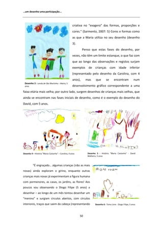 ͙Ƶŵ ĚĞƐĞŶŚŽ ƵŵĂ ƉĂƌƚŝĐŝƉĂĕĆŽ͘͘͘




                                                     ĐƌŝĂƚŝǀĂ ŶŽ ͞ĞǆĂŐĞƌŽ͟ ĚĂƐ ĨŽƌŵĂƐ͕ ƉƌŽƉŽƌĕƁĞƐ Ğ
                                                     ĐŽƌĞƐ͘͟ ;^ĂƌŵĞŶƚŽ͕ ϮϬϬϳ͗ ϱͿ ŽƌĞƐ Ğ ĨŽƌŵĂƐ ĐŽŵŽ
                                                     ĂƐ ƋƵĞ Ă DĂƌŝĂ ƵƚŝůŝǌĂ ŶŽ ƐĞƵ ĚĞƐĞŶŚŽ ;ĚĞƐĞŶŚŽ
                                                     ϯͿ͘
                                                              WĞŶƐŽ ƋƵĞ ĞƐƚĂƐ ĨĂƐĞƐ ĚŽ ĚĞƐĞŶŚŽ͕ ƉŽƌ
                                                     ǀĞǌĞƐ͕ ŶĆŽ ƚġŵ Ƶŵ ůŝŵŝƚĞ ĞƐƚĂŶƋƵĞ͕ Ž ƋƵĞ ĨĂǌ ĐŽŵ
                                                     ƋƵĞ ĂŽ ůŽŶŐŽ ĚĂƐ ŽďƐĞƌǀĂĕƁĞƐ Ğ ƌĞŐŝƐƚŽƐ ƐƵƌũĂŵ
                                                     ĞǆĞŵƉůŽƐ     ĚĞ    ĐƌŝĂŶĕĂƐ         ĐŽŵ      ŝĚĂĚĞ       ŝŶĨĞƌŝŽƌ
                                                     ;ƌĞƉƌĞƐĞŶƚĂĚŽ ƉĞůŽ ĚĞƐĞŶŚŽ ĚĂ ĂƌŽůŝŶĂ͕ ĐŽŵ ϰ
                                                     ĂŶŽƐͿ͕     ŵĂƐ     ƋƵĞ         ƐĞ       ĞŶĐŽŶƚƌĂŵ             ŶƵŵ
 ĞƐĞŶŚŽ ϯ Ͳ ĞŶĚĂ ĚĞ ^ĆŽ DĂƌƚŝŶŚŽ ʹ DĂƌŝĂ͕ ϱ
 ĂŶŽƐ                                                ĚĞƐĞŶǀŽůǀŝŵĞŶƚŽ ŐƌĄĨŝĐŽ ĐŽƌƌĞƐƉŽŶĚĞŶƚĞ Ă ƵŵĂ
ĨĂŝǆĂ ĞƚĄƌŝĂ ŵĂŝƐ ǀĞůŚĂ͖ ƉŽƌ ŽƵƚƌŽ ůĂĚŽ͕ ƐƵƌŐĞŵ ĚĞƐĞŶŚŽƐ ĚĞ ĐƌŝĂŶĕĂƐ ŵĂŝƐ ǀĞůŚĂƐ͕ ƋƵĞ
ĂŝŶĚĂ ƐĞ ĞŶĐŽŶƚƌĂŵ ŶĂƐ ĨĂƐĞƐ ŝŶŝĐŝĂŝƐ ĚĞ ĚĞƐĞŶŚŽ͕ ĐŽŵŽ Ġ Ž ĞǆĞŵƉůŽ ĚŽ ĚĞƐĞŶŚŽ ĚŽ
ĂǀŝĚ͕ ĐŽŵ ϱ ĂŶŽƐ͘




ĞƐĞŶŚŽ ϰ ʹ ,ŝƐƚſƌŝĂ ͞DĂƌŝĂ ĂƐƚĂŶŚĂ͟ ʹ ĂƌŽůŝŶĂ͕ ϰ ĂŶŽƐ         ĞƐĞŶŚŽ ϱ Ͳ ,ŝƐƚſƌŝĂ ΗDĂƌŝĂ ĂƐƚĂŶŚĂΗ Ͳ ĂǀŝĚ
                                                                 DĂůŚĞŝƌŽ͕ ϱ ĂŶŽƐ



          ͞ ĞŶŐƌĂĕĂĚŽ͙ ĂůŐƵŵĂƐ ĐƌŝĂŶĕĂƐ ;ŶĆŽ ĂƐ ŵĂŝƐ
ŶŽǀĂƐͿ ĂŝŶĚĂ ĞǆƉůŽƌĂŵ Ž ŐŝƌŝŶŽ͕ ĞŶƋƵĂŶƚŽ ŽƵƚƌĂƐ
ĐƌŝĂŶĕĂƐ ŵĂŝƐ ŶŽǀĂƐ ũĄ ĞǆƉĞƌŝŵĞŶƚĂŵ Ă ĨŝŐƵƌĂ ŚƵŵĂŶĂ
ĐŽŵ ƉŽƌŵĞŶŽƌĞƐ͕ ĂƐ ĐĂƐĂƐ͕ ŽƐ ũĂƌĚŝŶƐ͕ ĂƐ ĨůŽƌĞƐ͊ ŽƐ
ƉŽƵĐŽƐ ǀŽƵ ŽďƐĞƌǀĂŶĚŽ Ž ŝŽŐŽ ŝůŝƉĞ ;ϱ ĂŶŽƐͿ Ă
ĚĞƐĞŶŚĂƌ ʹ ĂŽ ůŽŶŐŽ ĚĞ Ƶŵ ŵġƐ ƚĞŶƚŽƵ ĚĞƐĞŶŚĂƌ Ƶŵ
͞ŵĞŶŝŶŽ͟ Ğ ƐƵƌŐŝĂŵ ĐşƌĐƵůŽƐ ĂďĞƌƚŽƐ͕ ĐŽŵ ĐşƌĐƵůŽƐ
ŝŶƚĞƌŝŽƌĞƐ͕ ƚƌĂĕŽƐ ƋƵĞ ƐĂĞŵ ĚĂ ĐĂďĞĕĂ ;ƌĞƉƌĞƐĞŶƚĂŶĚŽ                    ĞƐĞŶŚŽ ϲ Ͳ dĞŵĂ ŝǀƌĞ Ͳ ŝŽŐŽ ŝůŝƉĞ͕ ϱ ĂŶŽƐ




                                                           ϱϬ
 