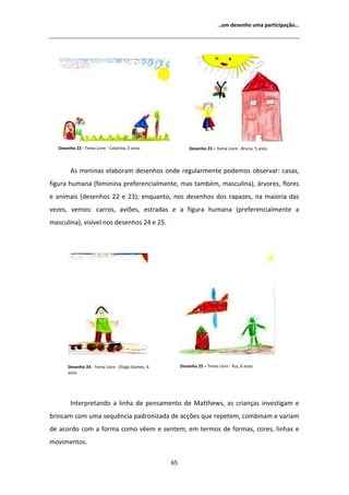 ͙Ƶŵ ĚĞƐĞŶŚŽ ƵŵĂ ƉĂƌƚŝĐŝƉĂĕĆŽ͙




   ĞƐĞŶŚŽ ϮϮ Ͳ dĞŵĂ ŝǀƌĞ Ͳ ĂƚĂƌŝŶĂ͕ ϱ ĂŶŽƐ              ĞƐĞŶŚŽ Ϯϯ ʹ dĞŵĂ ŝǀƌĞ Ͳ ƌƵŶĂ͕ ϱ ĂŶŽƐ



           Ɛ ŵĞŶŝŶĂƐ ĞůĂďŽƌĂŵ ĚĞƐĞŶŚŽƐ ŽŶĚĞ ƌĞŐƵůĂƌŵĞŶƚĞ ƉŽĚĞŵŽƐ ŽďƐĞƌǀĂƌ͗ ĐĂƐĂƐ͕
ĨŝŐƵƌĂ ŚƵŵĂŶĂ ;ĨĞŵŝŶŝŶĂ ƉƌĞĨĞƌĞŶĐŝĂůŵĞŶƚĞ͕ ŵĂƐ ƚĂŵďĠŵ͕ ŵĂƐĐƵůŝŶĂͿ͕ ĄƌǀŽƌĞƐ͕ ĨůŽƌĞƐ
Ğ ĂŶŝŵĂŝƐ ;ĚĞƐĞŶŚŽƐ ϮϮ Ğ ϮϯͿ͖ ĞŶƋƵĂŶƚŽ͕ ŶŽƐ ĚĞƐĞŶŚŽƐ ĚŽƐ ƌĂƉĂǌĞƐ͕ ŶĂ ŵĂŝŽƌŝĂ ĚĂƐ
ǀĞǌĞƐ͕ ǀĞŵŽƐ͗ ĐĂƌƌŽƐ͕ ĂǀŝƁĞƐ͕ ĞƐƚƌĂĚĂƐ Ğ Ă ĨŝŐƵƌĂ ŚƵŵĂŶĂ ;ƉƌĞĨĞƌĞŶĐŝĂůŵĞŶƚĞ Ă
ŵĂƐĐƵůŝŶĂͿ͕ ǀŝƐşǀĞů ŶŽƐ ĚĞƐĞŶŚŽƐ Ϯϰ Ğ Ϯϱ͘




       ĞƐĞŶŚŽ Ϯϰ Ͳ dĞŵĂ ŝǀƌĞ Ͳ ŝŽŐŽ 'ŽŵĞƐ͕ ϲ        ĞƐĞŶŚŽ Ϯϱ ʹ dĞŵĂ ŝǀƌĞ Ͳ ZƵŝ͕ ϲ ĂŶŽƐ
       ĂŶŽƐ




         /ŶƚĞƌƉƌĞƚĂŶĚŽ Ă ůŝŶŚĂ ĚĞ ƉĞŶƐĂŵĞŶƚŽ ĚĞ DĂƚƚŚĞǁƐ͕ ĂƐ ĐƌŝĂŶĕĂƐ ŝŶǀĞƐƚŝŐĂŵ Ğ
ďƌŝŶĐĂŵ ĐŽŵ ƵŵĂ ƐĞƋƵġŶĐŝĂ ƉĂĚƌŽŶŝǌĂĚĂ ĚĞ ĂĐĕƁĞƐ ƋƵĞ ƌĞƉĞƚĞŵ͕ ĐŽŵďŝŶĂŵ Ğ ǀĂƌŝĂŵ
ĚĞ ĂĐŽƌĚŽ ĐŽŵ Ă ĨŽƌŵĂ ĐŽŵŽ ǀġĞŵ Ğ ƐĞŶƚĞŵ͕ Ğŵ ƚĞƌŵŽƐ ĚĞ ĨŽƌŵĂƐ͕ ĐŽƌĞƐ͕ ůŝŶŚĂƐ Ğ
ŵŽǀŝŵĞŶƚŽƐ͘

                                                  ϲϱ
 