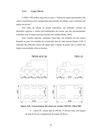 21
2.4.4. Cargas Móveis
A NB-6: 1982 define carga móvel como o “sistema de cargas representativo dos
valores característicos dos carregamentos provenientes do tráfego a que a estrutura está
sujeita em serviço.”
Para efeito de cálculo de pontes rodoviárias, são utilizados veículos de
dimensões especiais e valores pré-estabelecidos por norma, que não necessariamente
coincidem com as cargas reais que circulam nas estradas (Pinho, 2007).
Estes veículos especiais, chamados Trens-Tipo, são divididos em três classes
baseadas no peso em toneladas do veículo-tipo base de cada sistema (Figura 2.20). A
utilização das diferentes classes de cargas para o cálculo de pontes fica a critério dos
órgãos com jurisdição sobre as mesmas.
Figura 2.20 - Características das classes de veículos. FONTE: NB-6:1982
 Classe 45: veículo tipo de 450 kN, 75 kN por roda, com largura
de roda de 50 cm e comprimento de contato de 20 cm.
 