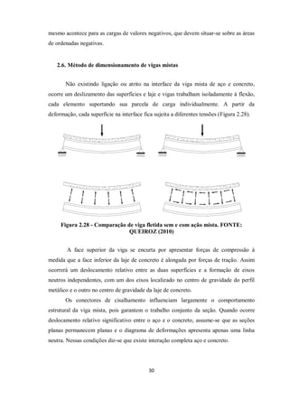 30
mesmo acontece para as cargas de valores negativos, que devem situar-se sobre as áreas
de ordenadas negativas.
2.6. Método de dimensionamento de vigas mistas
Não existindo ligação ou atrito na interface da viga mista de aço e concreto,
ocorre um deslizamento das superfícies e laje e vigas trabalham isoladamente à flexão,
cada elemento suportando sua parcela de carga individualmente. A partir da
deformação, cada superfície na interface fica sujeita a diferentes tensões (Figura 2.28).
Figura 2.28 - Comparação de viga fletida sem e com ação mista. FONTE:
QUEIROZ (2010)
A face superior da viga se encurta por apresentar forças de compressão à
medida que a face inferior da laje de concreto é alongada por forças de tração. Assim
ocorrerá um deslocamento relativo entre as duas superfícies e a formação de eixos
neutros independentes, com um dos eixos localizado no centro de gravidade do perfil
metálico e o outro no centro de gravidade da laje de concreto.
Os conectores de cisalhamento influenciam largamente o comportamento
estrutural da viga mista, pois garantem o trabalho conjunto da seção. Quando ocorre
deslocamento relativo significativo entre o aço e o concreto, assume-se que as seções
planas permanecem planas e o diagrama de deformações apresenta apenas uma linha
neutra. Nessas condições diz-se que existe interação completa aço e concreto.
 