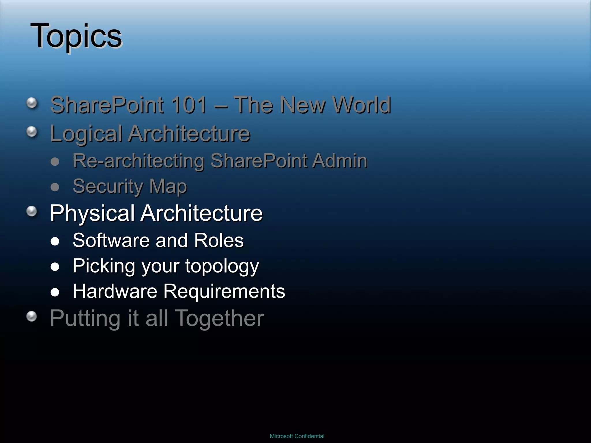 Topics SharePoint 101 – The New World  Logical Architecture Re-architecting SharePoint Admin Security Map Physical Architecture Software and Roles Picking your topology Hardware Requirements Putting it all Together 