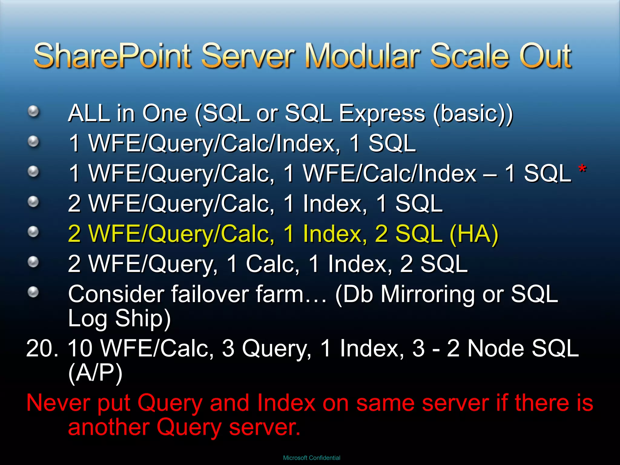 ALL in One (SQL or SQL Express (basic)) 1 WFE/Query/Calc/Index, 1 SQL 1 WFE/Query/Calc, 1 WFE/Calc/Index – 1 SQL  * 2 WFE/Query/Calc, 1 Index, 1 SQL 2 WFE/Query/Calc, 1 Index, 2 SQL (HA)  2 WFE/Query, 1 Calc, 1 Index, 2 SQL Consider failover farm… (Db Mirroring or SQL Log Ship) 20. 10 WFE/Calc, 3 Query, 1 Index, 3 - 2 Node SQL (A/P) Never put Query and Index on same server if there is another Query server. 