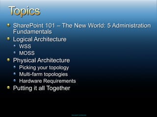 SharePoint 101 – The New World: 5 Administration Fundamentals Logical Architecture WSS MOSS Physical Architecture Picking your topology Multi-farm topologies Hardware Requirements Putting it all Together 