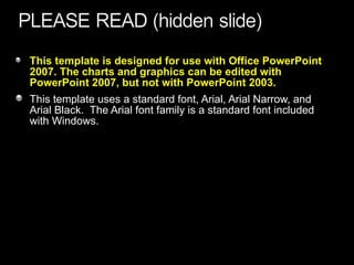This template is designed for use with Office PowerPoint 2007. The charts and graphics can be edited with PowerPoint 2007, but not with PowerPoint 2003. This template uses a standard font, Arial, Arial Narrow, and  Arial Black.  The Arial font family is a standard font included  with Windows.  