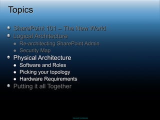 Topics SharePoint 101 – The New World  Logical Architecture Re-architecting SharePoint Admin Security Map Physical Architecture Software and Roles Picking your topology Hardware Requirements Putting it all Together 