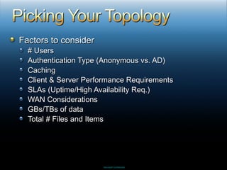 Factors to consider # Users Authentication Type (Anonymous vs. AD) Caching Client & Server Performance Requirements SLAs (Uptime/High Availability Req.) WAN Considerations GBs/TBs of data  Total # Files and Items 