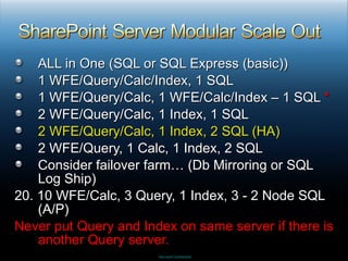 ALL in One (SQL or SQL Express (basic)) 1 WFE/Query/Calc/Index, 1 SQL 1 WFE/Query/Calc, 1 WFE/Calc/Index – 1 SQL  * 2 WFE/Query/Calc, 1 Index, 1 SQL 2 WFE/Query/Calc, 1 Index, 2 SQL (HA)  2 WFE/Query, 1 Calc, 1 Index, 2 SQL Consider failover farm… (Db Mirroring or SQL Log Ship) 20. 10 WFE/Calc, 3 Query, 1 Index, 3 - 2 Node SQL (A/P) Never put Query and Index on same server if there is another Query server. 