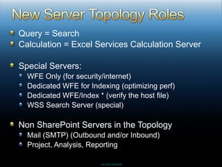 Query = Search Calculation = Excel Services Calculation Server Special Servers: WFE Only (for security/internet) Dedicated WFE for Indexing (optimizing perf) Dedicated WFE/Index * (verify the host file) WSS Search Server (special) Non SharePoint Servers in the Topology Mail (SMTP) (Outbound and/or Inbound)  Project, Analysis, Reporting 