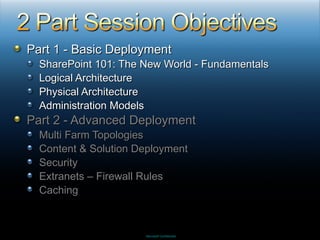 Part 1 - Basic Deployment SharePoint 101: The New World - Fundamentals Logical Architecture Physical Architecture Administration Models Part 2 - Advanced Deployment Multi Farm Topologies Content & Solution Deployment Security Extranets – Firewall Rules Caching 