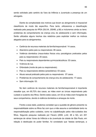 66
sendo solicitado pelo cartório da Vara da Infância e Juventude a presença de um
advogado.
Diante da complexidade dos motivos que levam ao abrigamento é impossível
classificá-la de modo tão específico. Para tanto, utilizaremos a classificação
realizada pela pesquisa do IPEA (SILVA, 2004B, p.56) e incluiremos ainda os itens:
problemas de comportamento da criança e/ou do adolescente e sem informação.
Serão utilizados alguns trechos dos relatórios para explicitar melhor os motivos
alegados para os abrigamentos.
• Carência de recursos materiais da família/responsável: 14 casos.
• Abandono pelos pais ou responsáveis: 06 casos.
• Violência doméstica (maus-tratos físicos e/ou psicológicos praticados pelos
pais ou responsáveis): 20 casos.
• Pais ou responsáveis dependentes químicos/alcoólicos: 03 casos.
• Vivência de rua.
• Orfandade (morte de pais ou responsáveis).
• Pais ou responsáveis detidos (presidiários): 03 casos.
• Abuso sexual praticado pelos pais ou responsáveis: 07 casos.
• Problemas de comportamento da criança e/ou do adolescente: 17 casos.
• Sem informação: 03.
No item carência de recursos materiais da família/responsável é importante
ressaltar que, em 85,72% dos casos, as mães eram as únicas responsáveis pelo
cuidado e sustento dos filhos. Dentre estes casos, em 02 as mães eram foragidas de
seus companheiros, devido à violência doméstica e ameaças de morte.
Frente a esse dado, podemos constatar que a questão de gênero presente na
responsabilidade sobre os filhos faz com que a mãe assuma a centralidade tanto na
responsabilização pelos cuidados, como na culpabilização pelos não-cuidados dos
filhos. Segundo pesquisa realizada por Fávero (2000, p.42, 48 e 52), em 201
sentenças de várias Varas da Infância e da Juventude da cidade de São Paulo, em
relação à destituição do poder familiar, foi constatado que “destas sentenças, a
 