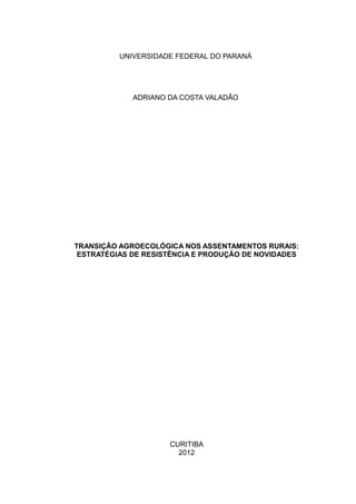 1
UNIVERSIDADE FEDERAL DO PARANÁ
ADRIANO DA COSTA VALADÃO
TRANSIÇÃO AGROECOLÓGICA NOS ASSENTAMENTOS RURAIS:
ESTRATÉGIAS DE RESISTÊNCIA E PRODUÇÃO DE NOVIDADES
CURITIBA
2012
 