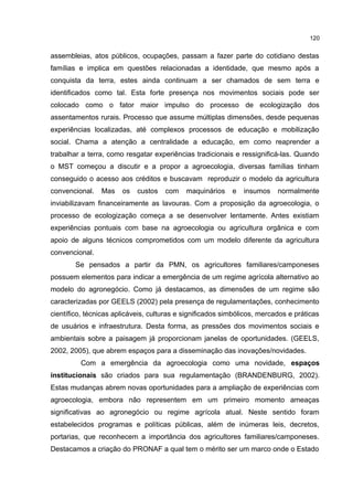 120
assembleias, atos públicos, ocupações, passam a fazer parte do cotidiano destas
famílias e implica em questões relacionadas a identidade, que mesmo após a
conquista da terra, estes ainda continuam a ser chamados de sem terra e
identificados como tal. Esta forte presença nos movimentos sociais pode ser
colocado como o fator maior impulso do processo de ecologização dos
assentamentos rurais. Processo que assume múltiplas dimensões, desde pequenas
experiências localizadas, até complexos processos de educação e mobilização
social. Chama a atenção a centralidade a educação, em como reaprender a
trabalhar a terra, como resgatar experiências tradicionais e ressignificá-las. Quando
o MST começou a discutir e a propor a agroecologia, diversas famílias tinham
conseguido o acesso aos créditos e buscavam reproduzir o modelo da agricultura
convencional. Mas os custos com maquinários e insumos normalmente
inviabilizavam financeiramente as lavouras. Com a proposição da agroecologia, o
processo de ecologização começa a se desenvolver lentamente. Antes existiam
experiências pontuais com base na agroecologia ou agricultura orgânica e com
apoio de alguns técnicos comprometidos com um modelo diferente da agricultura
convencional.
Se pensados a partir da PMN, os agricultores familiares/camponeses
possuem elementos para indicar a emergência de um regime agrícola alternativo ao
modelo do agronegócio. Como já destacamos, as dimensões de um regime são
caracterizadas por GEELS (2002) pela presença de regulamentações, conhecimento
científico, técnicas aplicáveis, culturas e significados simbólicos, mercados e práticas
de usuários e infraestrutura. Desta forma, as pressões dos movimentos sociais e
ambientais sobre a paisagem já proporcionam janelas de oportunidades. (GEELS,
2002, 2005), que abrem espaços para a disseminação das inovações/novidades.
Com a emergência da agroecologia como uma novidade, espaços
institucionais são criados para sua regulamentação (BRANDENBURG, 2002).
Estas mudanças abrem novas oportunidades para a ampliação de experiências com
agroecologia, embora não representem em um primeiro momento ameaças
significativas ao agronegócio ou regime agrícola atual. Neste sentido foram
estabelecidos programas e políticas públicas, além de inúmeras leis, decretos,
portarias, que reconhecem a importância dos agricultores familiares/camponeses.
Destacamos a criação do PRONAF a qual tem o mérito ser um marco onde o Estado
 