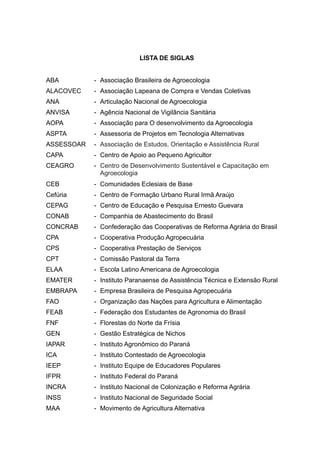 12
LISTA DE SIGLAS
ABA - Associação Brasileira de Agroecologia
ALACOVEC - Associação Lapeana de Compra e Vendas Coletivas
ANA - Articulação Nacional de Agroecologia
ANVISA - Agência Nacional de Vigilância Sanitária
AOPA - Associação para O desenvolvimento da Agroecologia
ASPTA - Assessoria de Projetos em Tecnologia Alternativas
ASSESSOAR - Associação de Estudos, Orientação e Assistência Rural
CAPA - Centro de Apoio ao Pequeno Agricultor
CEAGRO - Centro de Desenvolvimento Sustentável e Capacitação em
Agroecologia
CEB - Comunidades Eclesiais de Base
Cefúria - Centro de Formação Urbano Rural Irmã Araújo
CEPAG - Centro de Educação e Pesquisa Ernesto Guevara
CONAB - Companhia de Abastecimento do Brasil
CONCRAB - Confederação das Cooperativas de Reforma Agrária do Brasil
CPA - Cooperativa Produção Agropecuária
CPS - Cooperativa Prestação de Serviços
CPT - Comissão Pastoral da Terra
ELAA - Escola Latino Americana de Agroecologia
EMATER - Instituto Paranaense de Assistência Técnica e Extensão Rural
EMBRAPA - Empresa Brasileira de Pesquisa Agropecuária
FAO - Organização das Nações para Agricultura e Alimentação
FEAB - Federação dos Estudantes de Agronomia do Brasil
FNF - Florestas do Norte da Frísia
GEN - Gestão Estratégica de Nichos
IAPAR - Instituto Agronômico do Paraná
ICA - Instituto Contestado de Agroecologia
IEEP - Instituto Equipe de Educadores Populares
IFPR - Instituto Federal do Paraná
INCRA - Instituto Nacional de Colonização e Reforma Agrária
INSS - Instituto Nacional de Seguridade Social
MAA - Movimento de Agricultura Alternativa
 