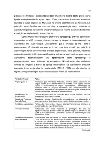 149
processo de transição agroecológica local. O primeiro desafio deste grupo estava
ligado a compreensão de agroecologia. Essa proposta era tratada em encontros,
reuniões e outros espaços do MST, seja no próprio assentamento ou fora dele. Em
principio, estas famílias ou compreendiam a agroecologia como sinônimo da
agricultura orgânica ou ou como uma (re)valorização e retorno a práticas tradicionais
e rejeição a maioria das técnicas modernas.
Com a finalidade de discutir e promover a agroecologia entre os agricultores
assentados, o MST promove diversas formas de debate e desenvolvimento de
experiência em Agroecologia. Considerando que a proposta do MST para o
Assentamento Contestado era que se tornar uma área modelo em relação à
agroecologia, foram desenvolvidos diversas experiências, entre projetos, trabalhos,
ações de assistência técnica e certificação e outras formas incentivos para que os
agricultores desenvolvessem seu aprendizado sobre agroecologia e
desenvolvessem seus sistemas agroecológicos. Normalmente são realizados
através de projetos e busca de apoios institucionais. Os agricultores procuram
aproveitar todas as janelas de oportunidade (GELLS, 2002) que são abertas no
regime, principalmente por apoios institucionais e fontes de financiamento.
Atividade / Projeto Ações
Projeto Iguatu II Financiado pela Petrobras Ambiental, envolvia várias localidades na
Região Centro Sul e Metropolitana de Curitiba. Suas ações estavam
ligadas a financiamento de alguns equipamentos, contratação de
monitores entre os próprios assentados para acompanhamento de
experiencias, implantação de experiências agroecológicas, realização de
oficinas, encontros e viabilização de intercâmbios.
Rede Ecovida de
Agroecologia
Certificação participativa da produção agroecológica. Oficinas, troca de
experiências entre os agricultores.
Assistência Técnica e
Extensão Rural
Assistência técnica. Contribuição principalmente na elaboração e
acompanhamento de projetos, apoio a ações de intercâmbios e eventos
Jornada de Agroecologia Participação nos eventos, incluindo acompanhamento das oficinas e a
apresentação das experiências locais.
Feira de Sementes Participação em feiras regionais e promoção de feira da
agrobiodiversidade durante evento de comemoração de aniversário da
ELAA e do Assentamento Contestado, oficinas de demonstrações das
experiências locais.
Escola Latino Americana
de Agroecologia
Possibilidade para estudantes do próprio assentamento estudarem no
Curso de Tecnologia em Agroecologia. Promoção de eventos, seminários
e oficinas em parceria com o Assentamento. Atividades práticas de
projetos e disciplinas do curso junto as famílias. Trabalho da disciplina
Desenho e Manejo de Agroecossistemas com a proposta de desenvolver
uma metodologia chamada de “Dialogo de Saberes”.
(Continua)
 