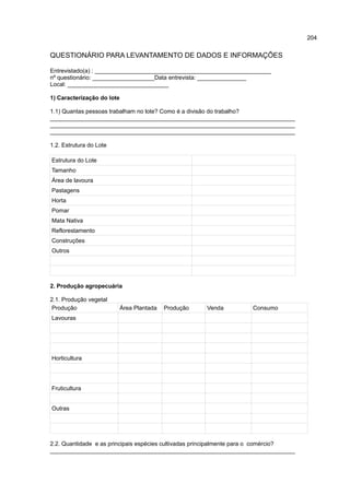 204
QUESTIONÁRIO PARA LEVANTAMENTO DE DADOS E INFORMAÇÕES
Entrevistado(a) : ______________________________________________________
nº questionário: ___________________Data entrevista: _______________
Local: _______________________________
1) Caracterização do lote
1.1) Quantas pessoas trabalham no lote? Como é a divisão do trabalho?
___________________________________________________________________________
___________________________________________________________________________
___________________________________________________________________________
1.2. Estrutura do Lote
Estrutura do Lote
Tamanho
Área de lavoura
Pastagens
Horta
Pomar
Mata Nativa
Reflorestamento
Construções
Outros
2. Produção agropecuária
2.1. Produção vegetal
Produção Área Plantada Produção Venda Consumo
Lavouras
Horticultura
Fruticultura
Outras
2.2. Quantidade e as principais espécies cultivadas principalmente para o comércio?
___________________________________________________________________________
 