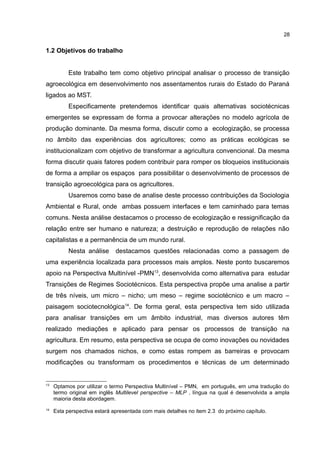 28
1.2 Objetivos do trabalho
Este trabalho tem como objetivo principal analisar o processo de transição
agroecológica em desenvolvimento nos assentamentos rurais do Estado do Paraná
ligados ao MST.
Especificamente pretendemos identificar quais alternativas sociotécnicas
emergentes se expressam de forma a provocar alterações no modelo agrícola de
produção dominante. Da mesma forma, discutir como a ecologização, se processa
no âmbito das experiências dos agricultores; como as práticas ecológicas se
institucionalizam com objetivo de transformar a agricultura convencional. Da mesma
forma discutir quais fatores podem contribuir para romper os bloqueios institucionais
de forma a ampliar os espaços para possibilitar o desenvolvimento de processos de
transição agroecológica para os agricultores.
Usaremos como base de analise deste processo contribuições da Sociologia
Ambiental e Rural, onde ambas possuem interfaces e tem caminhado para temas
comuns. Nesta análise destacamos o processo de ecologização e ressignificação da
relação entre ser humano e natureza; a destruição e reprodução de relações não
capitalistas e a permanência de um mundo rural.
Nesta análise destacamos questões relacionadas como a passagem de
uma experiência localizada para processos mais amplos. Neste ponto buscaremos
apoio na Perspectiva Multinível -PMN13
, desenvolvida como alternativa para estudar
Transições de Regimes Sociotécnicos. Esta perspectiva propõe uma analise a partir
de três níveis, um micro – nicho; um meso – regime sociotécnico e um macro –
paisagem sociotecnológica14
. De forma geral, esta perspectiva tem sido utilizada
para analisar transições em um âmbito industrial, mas diversos autores têm
realizado mediações e aplicado para pensar os processos de transição na
agricultura. Em resumo, esta perspectiva se ocupa de como inovações ou novidades
surgem nos chamados nichos, e como estas rompem as barreiras e provocam
modificações ou transformam os procedimentos e técnicas de um determinado
13
Optamos por utilizar o termo Perspectiva Multinível – PMN, em português, em uma tradução do
termo original em inglês Multilevel perspective – MLP , língua na qual é desenvolvida a ampla
maioria desta abordagem.
14
Esta perspectiva estará apresentada com mais detalhes no item 2.3 do próximo capítulo.
 